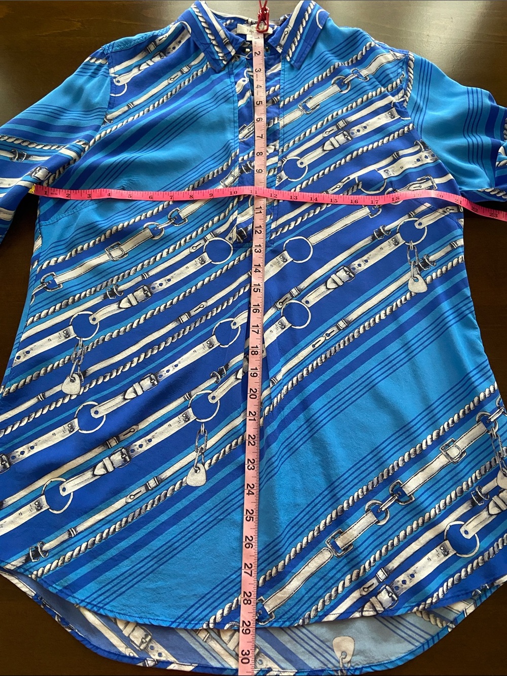 Tyler Boe Olivia Silk Bold Blue Equestrian Chain and Belt Pattern Blouse. Size M - Picture 8 of 13